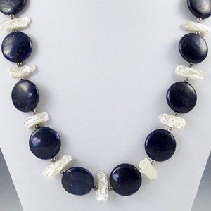 Lapis, Biwa Pearl, and Sterling Silver Necklace